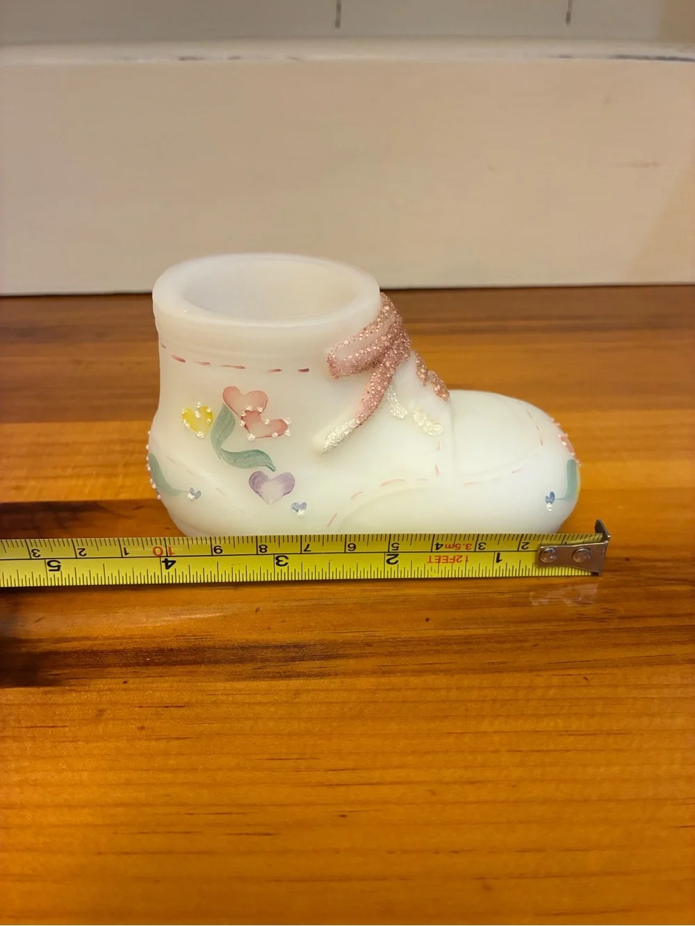 Vintage Fenton Hand-Painted White Satin Glass Baby Bootie Figurine